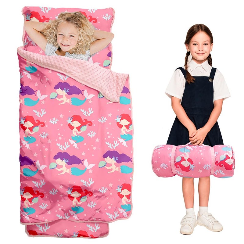 Beavtaens Toddler Nap Mat with Pillow and Minky Blanket, Large 55"x35" Sleeping Bag, Washable, Lightweight, Easy to Roll, Perfect for Preschool, Daycare, Kindergarten, Travel, Boys and Girls(Mermaid) - Image 1